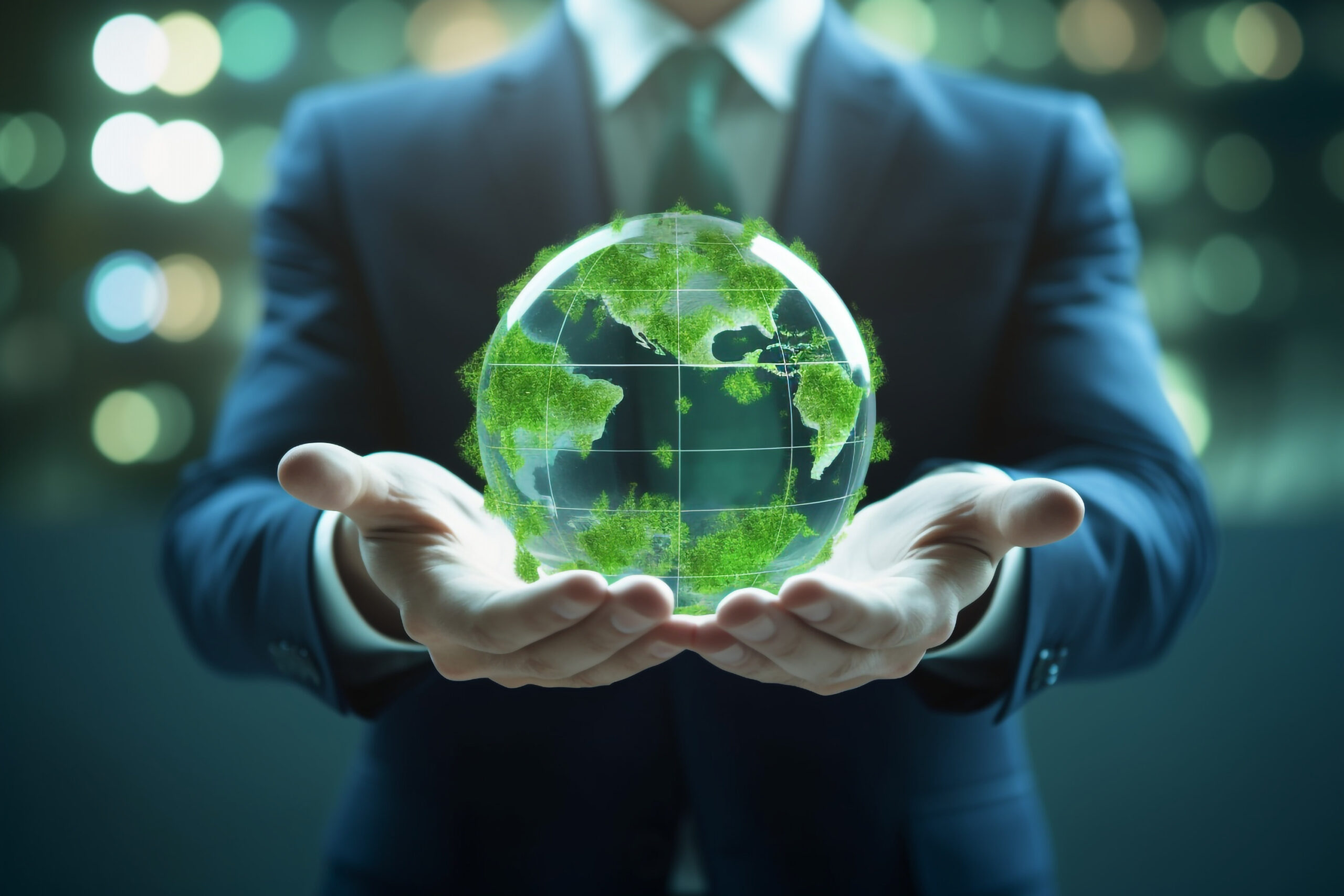 Man in Suit Holding Virtual World - Illustration representing CRYOPDP's commitment to Corporate Social Responsibility.