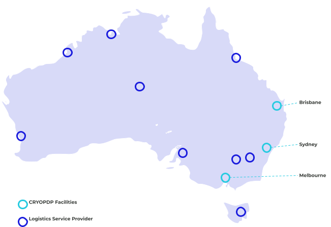 CRYOPDP Australia map with facility locations in Brisbane, Sydney, and Melbourne