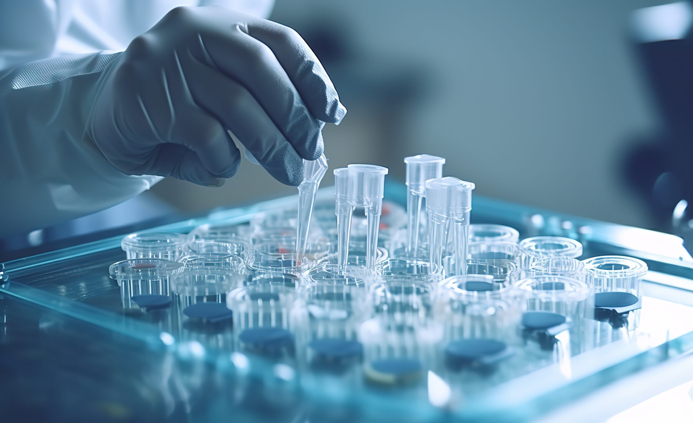 Gloved hand placing a sample into a tray of test tubes, illustrating the precision required in clinical trial logistics solutions.