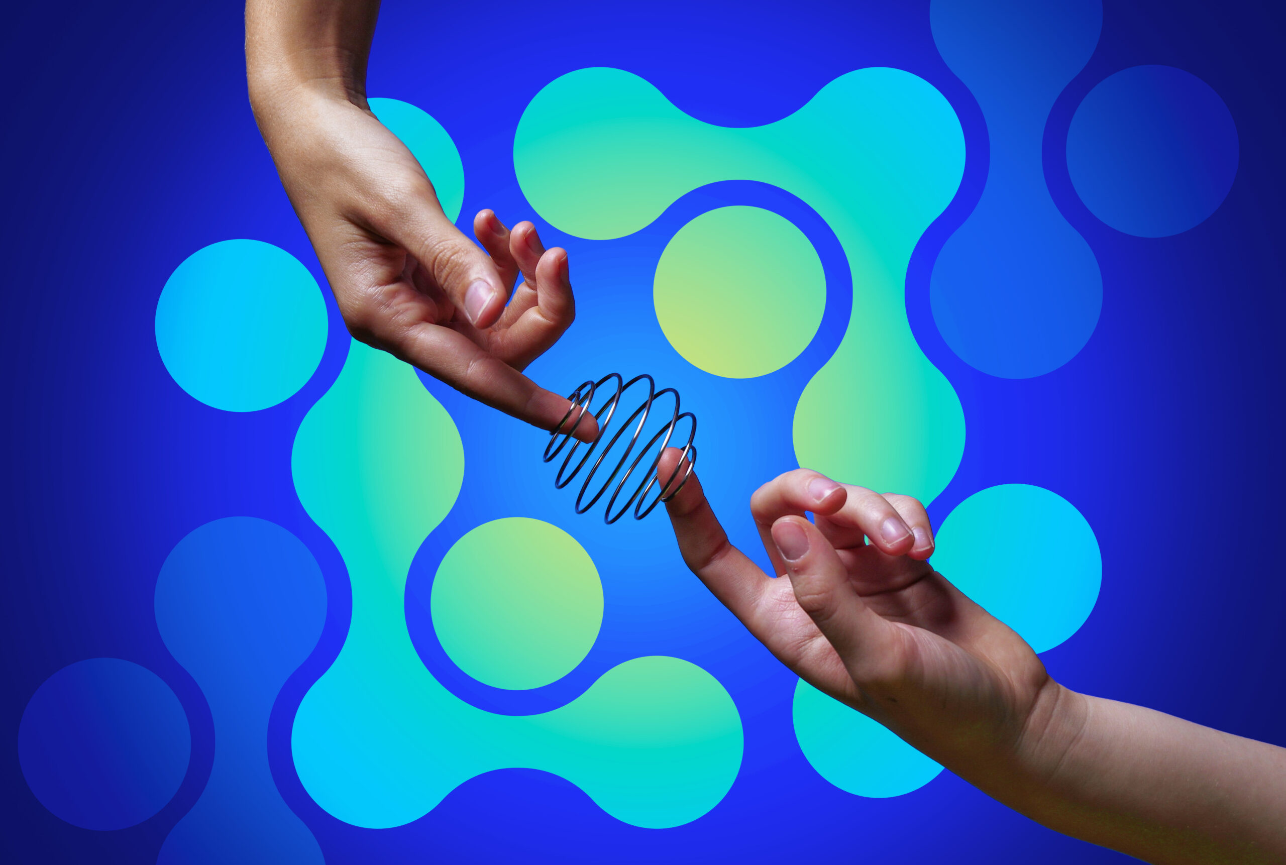 Two hands reaching toward each other with a stylised helix between them, set against a vibrant scientific background.