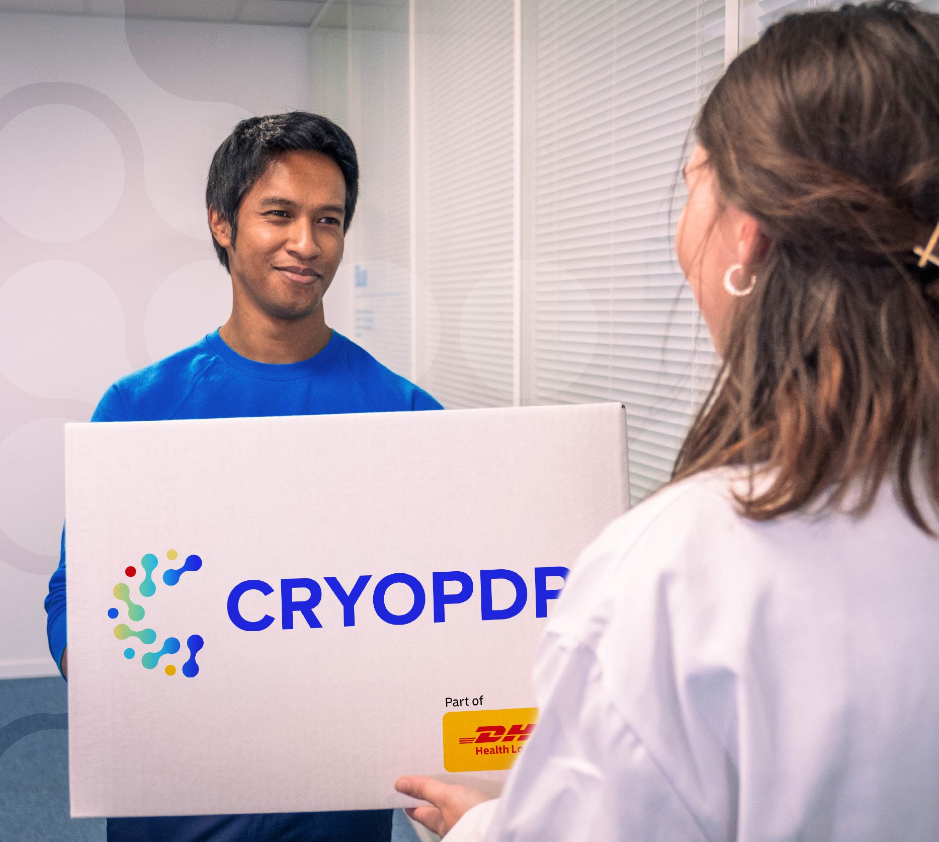 CRYOPDP courier handing over a shipment, illustrating customs delay risk in clinical trial logistics.