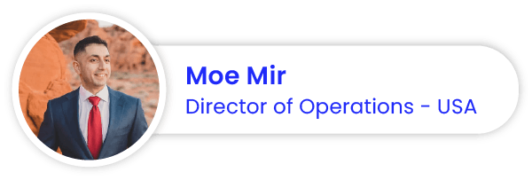 Moe Mir, Director of Operations – USA, shown in a profile card with his portrait.