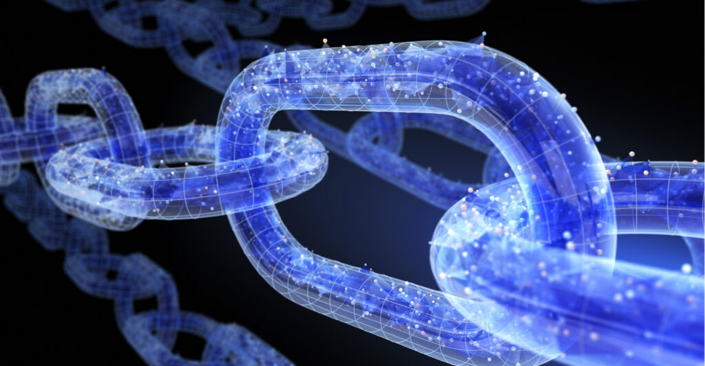 Digital blue chains illustrating blockchain technology used to support supply chain transparency in healthcare logistics.