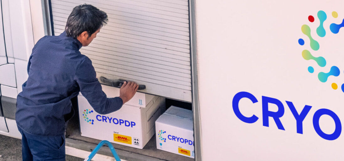 Image showcasing a delivery person, CRYOPDP logo, and a delivery van symbolizing efficient healthcare logistics.